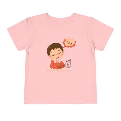Toddler short sleeve t-shirt with sleeping child illustration and “Future CEO, Currently Napping” text