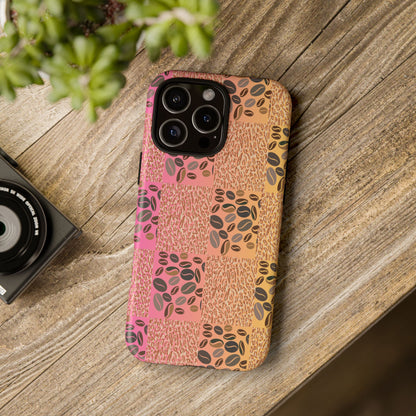 Tough Phone Case – Coffee Bean & Tiger Print with Gradient Background