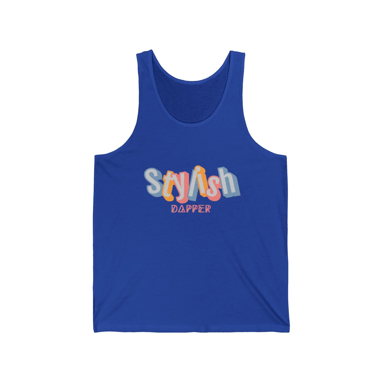 A true royal blue unisex jersey tank top with a graphic text print in multicolor.

