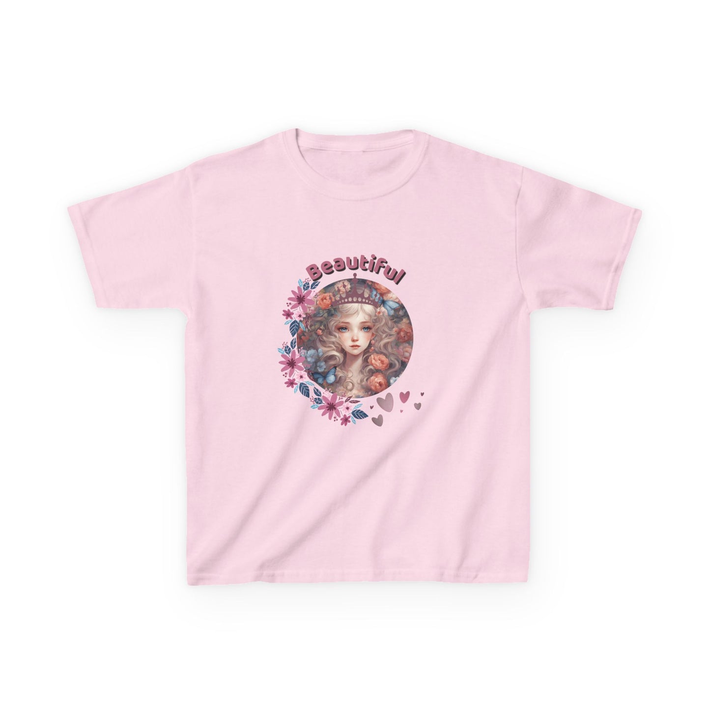 Pink t-shirt with a graphic of a woman's face surrounded by flowers and the word 'Beautiful' on a white background.