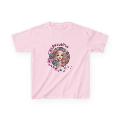 Pink t-shirt with a graphic of a woman's face surrounded by flowers and the word 'Beautiful' on a white background.