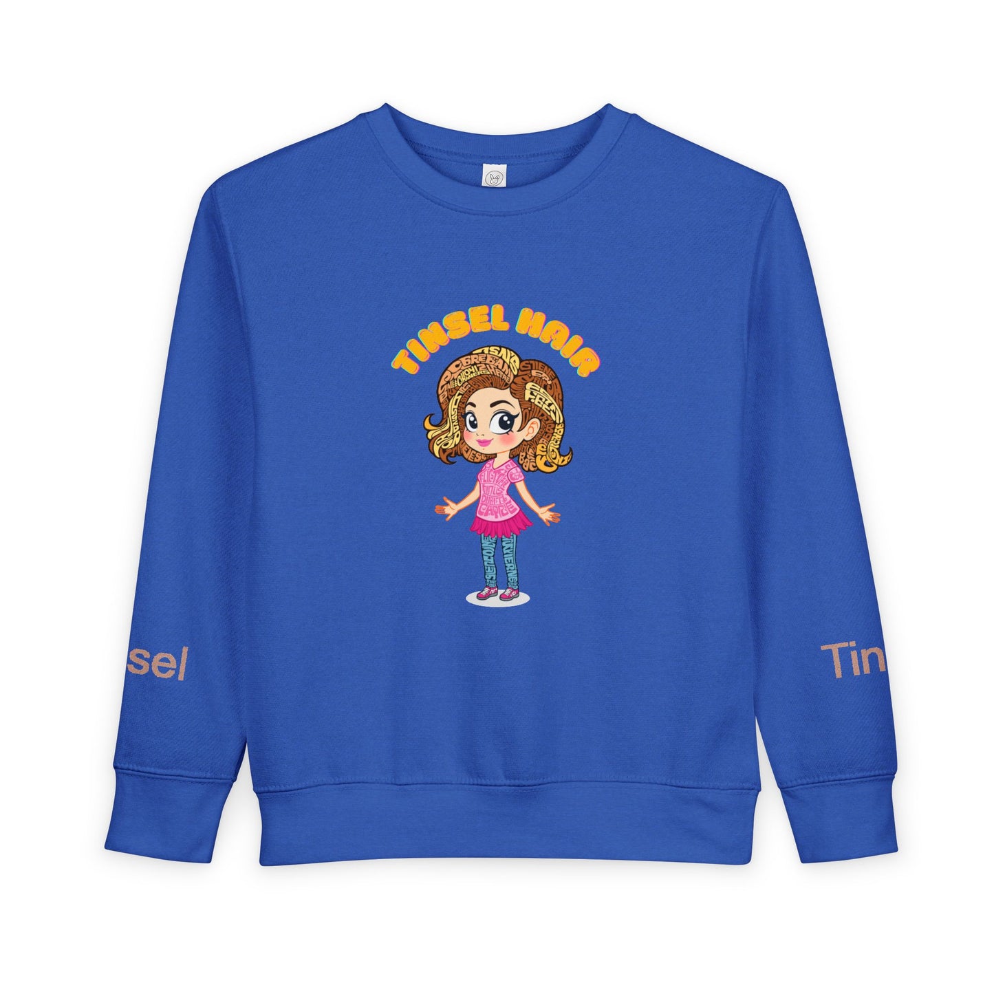Blue sweatshirt with a cartoon character and 'Tinker Bell' text on a white background