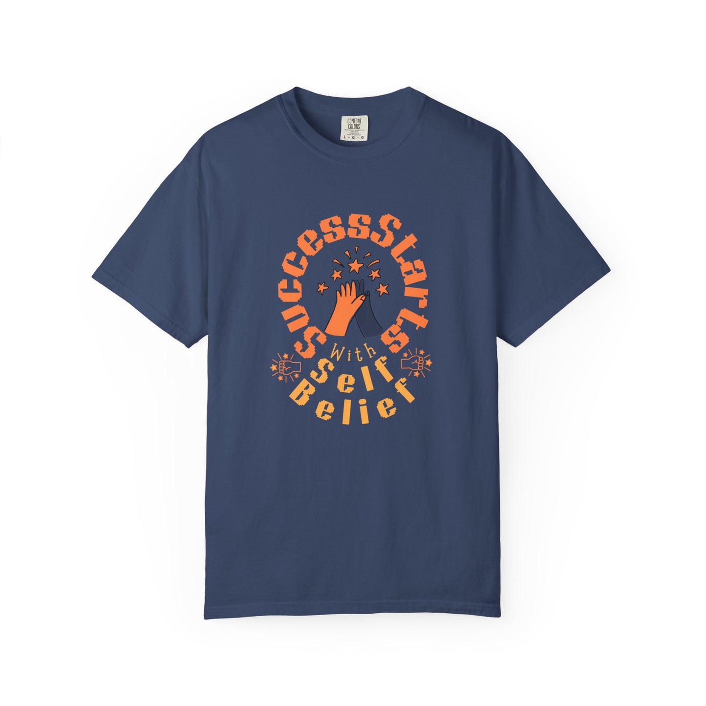 Navy blue t-shirt with motivational text and graphics on a white background