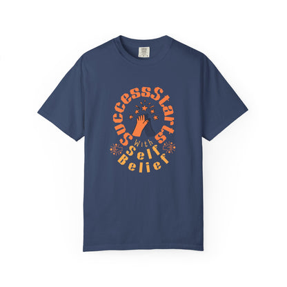 Navy blue t-shirt with motivational text and graphics on a white background