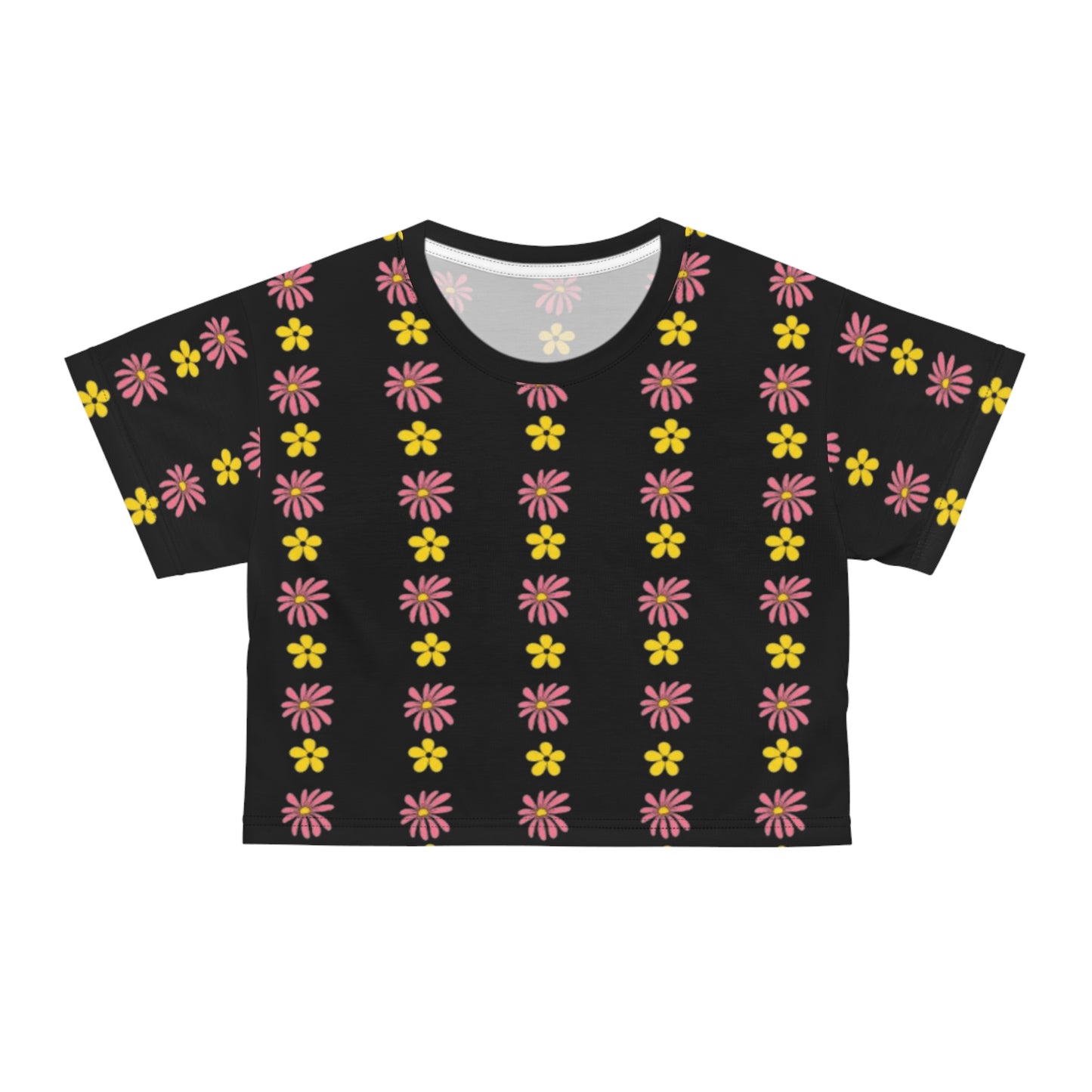 A black crop top with a colorful all-over floral print