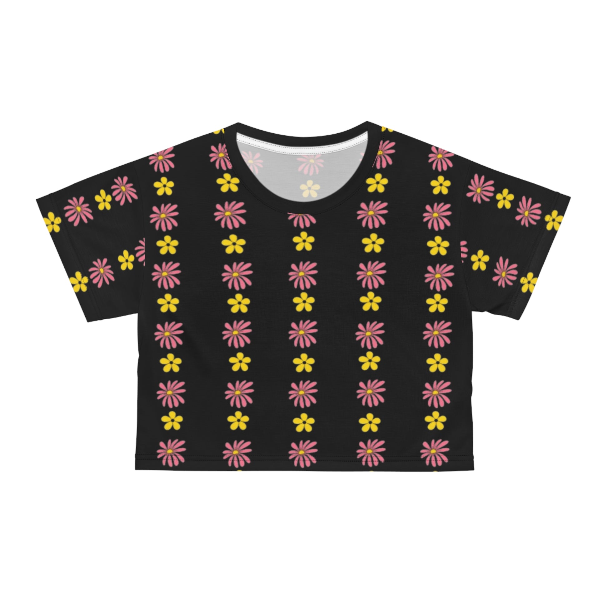 A black crop top with a colorful all-over floral print