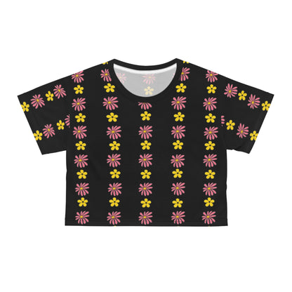 A black crop top with a colorful all-over floral print