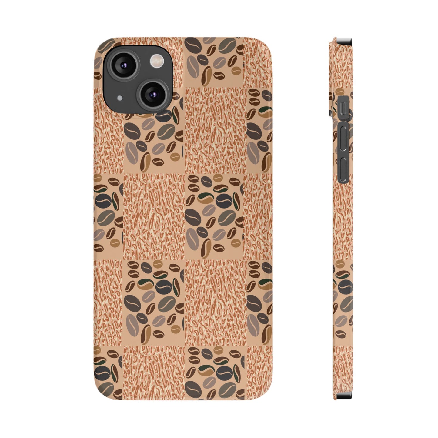A mobile phone case with a geometric pattern featuring coffee beans on a beige background, designed for iPhone 16 plus series models.
