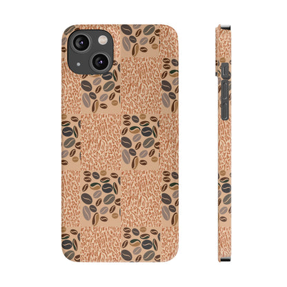 A mobile phone case with a geometric pattern featuring coffee beans on a beige background, designed for iPhone 16 plus series models.