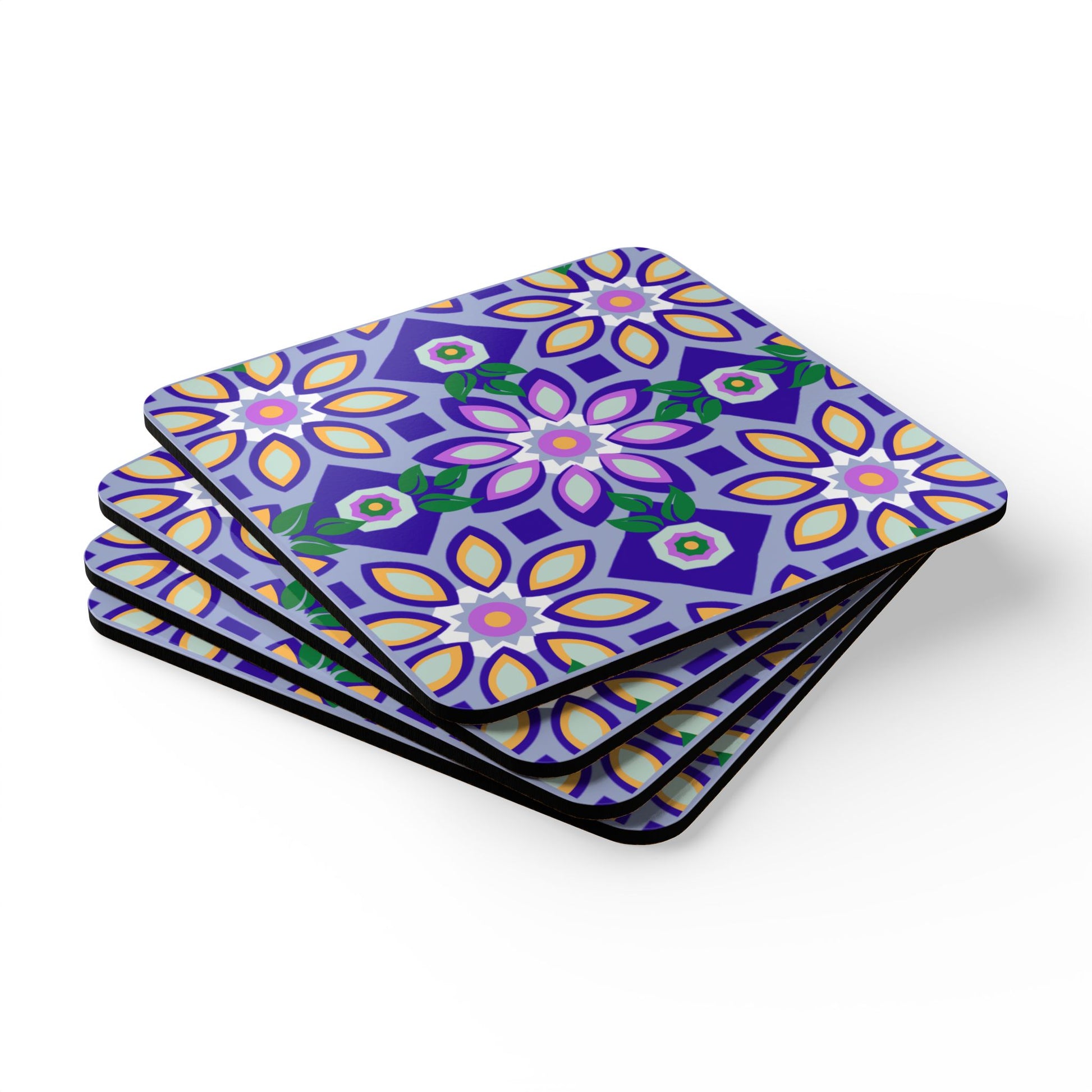 A square coaster with a geometric ad fioral pattern in vibrant colors, predominantly purple, with a high-gloss finish.