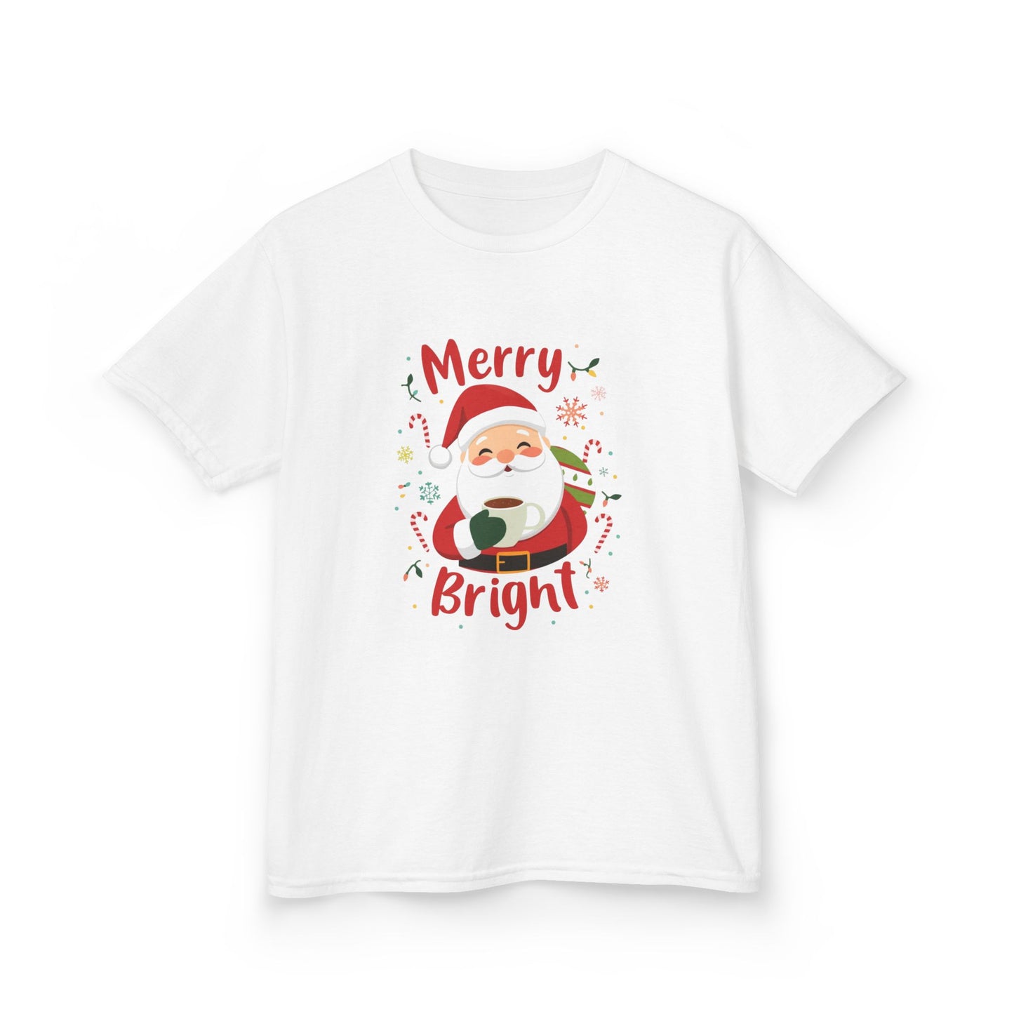 White t-shirt with Santa Claus graphic and 'Merry Bright' text on a white background