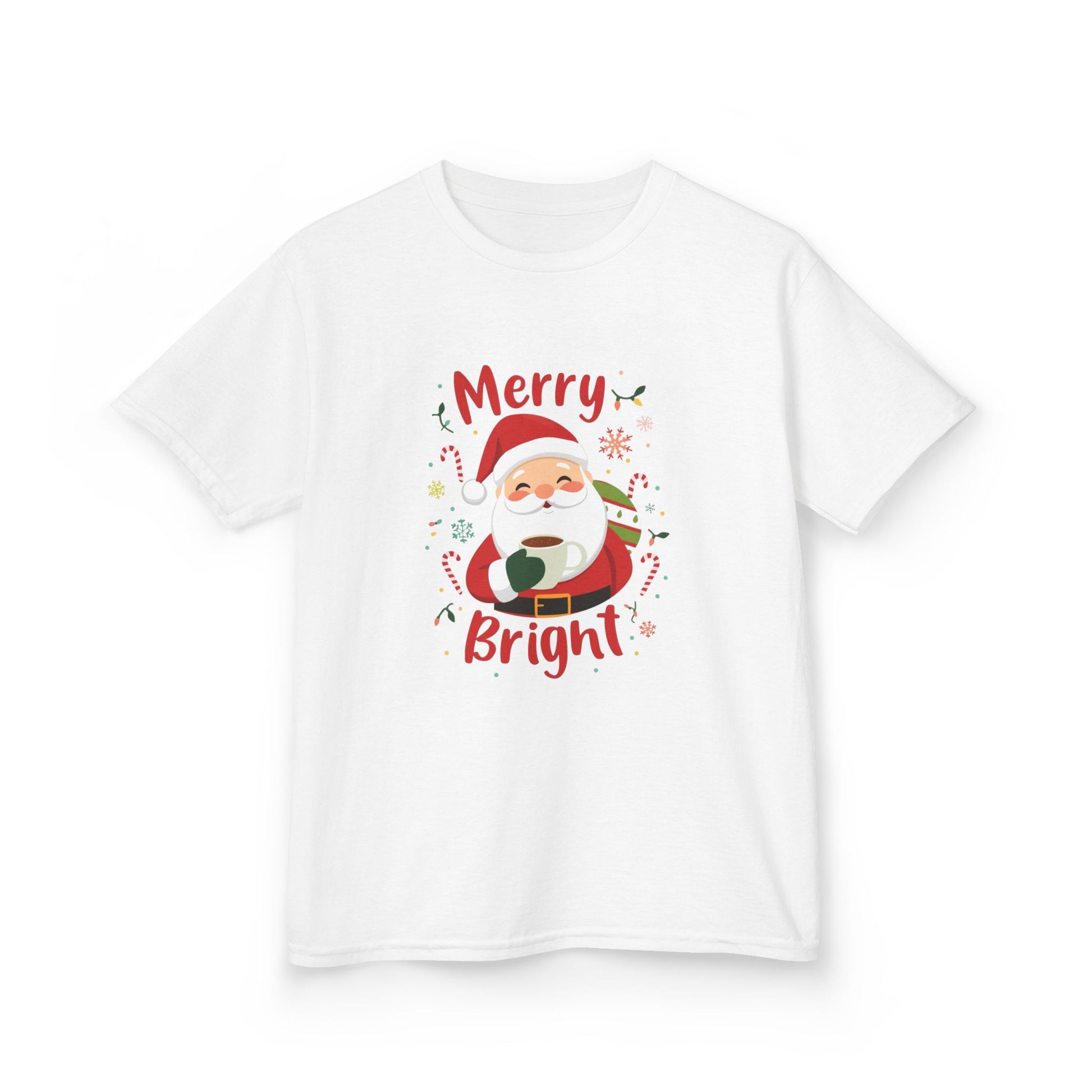 White t-shirt with Santa Claus graphic and 'Merry Bright' text on a white background