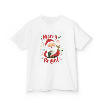 White t-shirt with Santa Claus graphic and 'Merry Bright' text on a white background