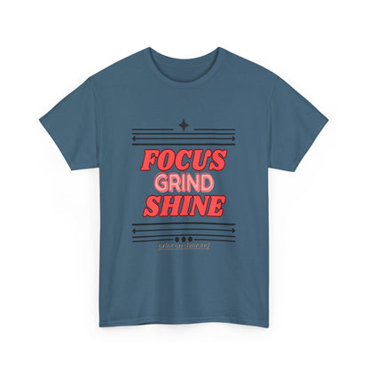 Indigo Blue t-shirt with red text 'Focus Grind Shine' on a white background
