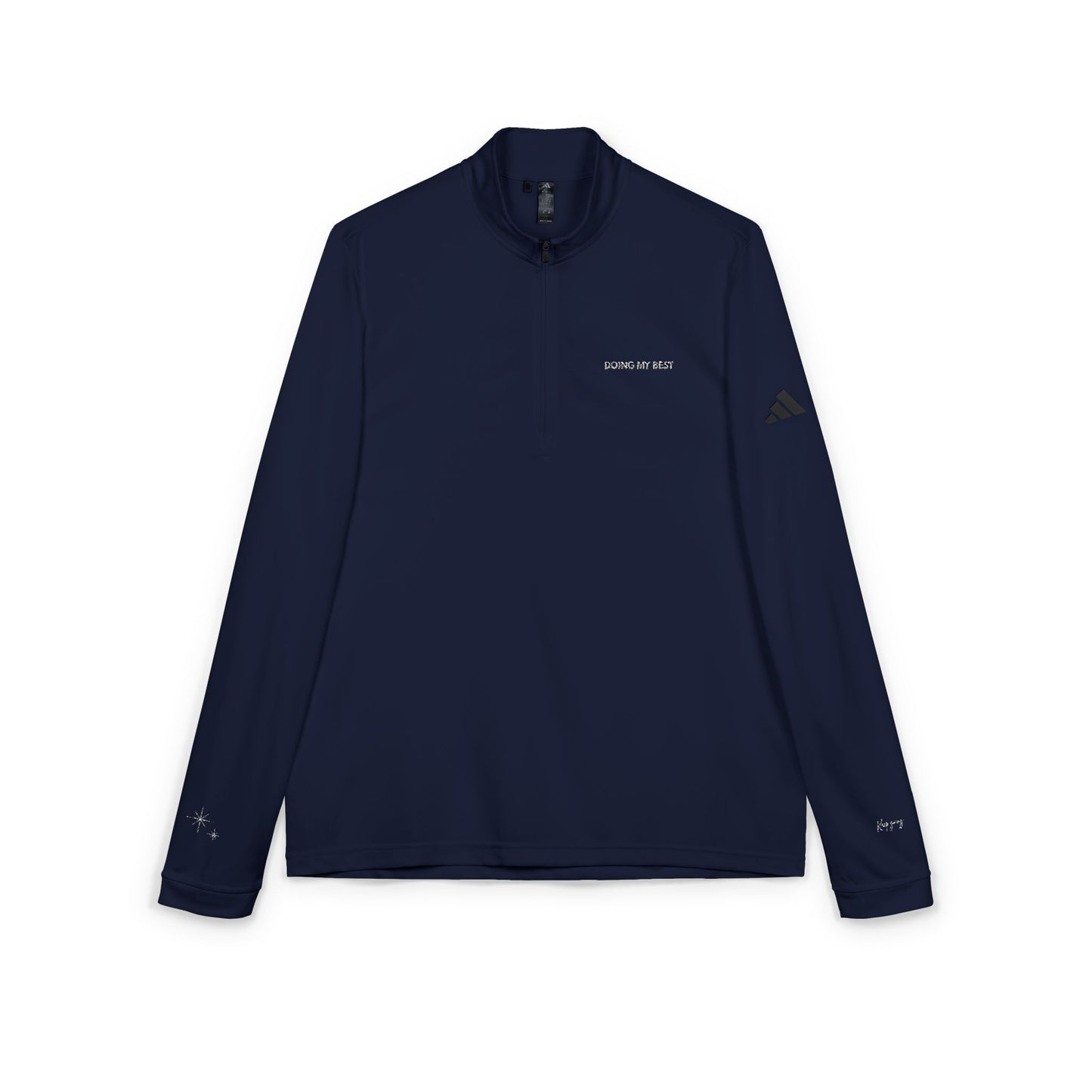 Close-up of white minimalist embroidery text 'Doing My Best' on navy blue high-quality Adidas fabric."