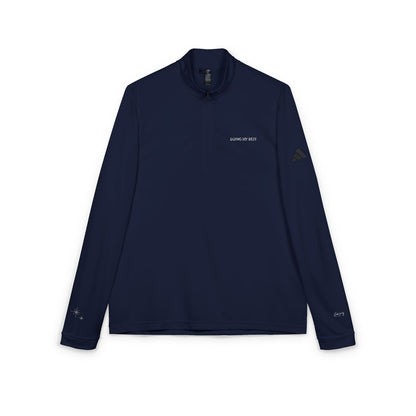 Close-up of white minimalist embroidery text 'Doing My Best' on navy blue high-quality Adidas fabric."