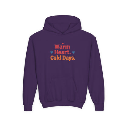 Purple hoodie with text 'Warm Heart. Cold Days.' on a white background