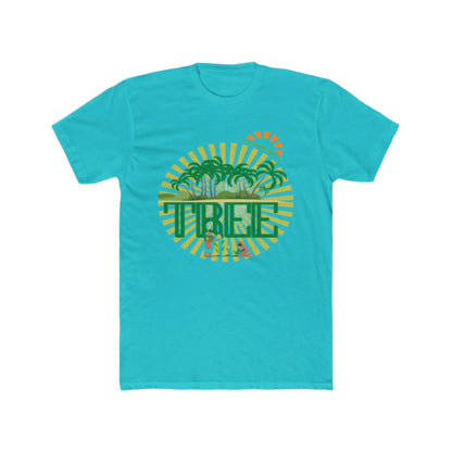 A solid tahiti blue unisex cotton crew tee with a graphic print in the center that includes green palm trees and the word 'PINE'.