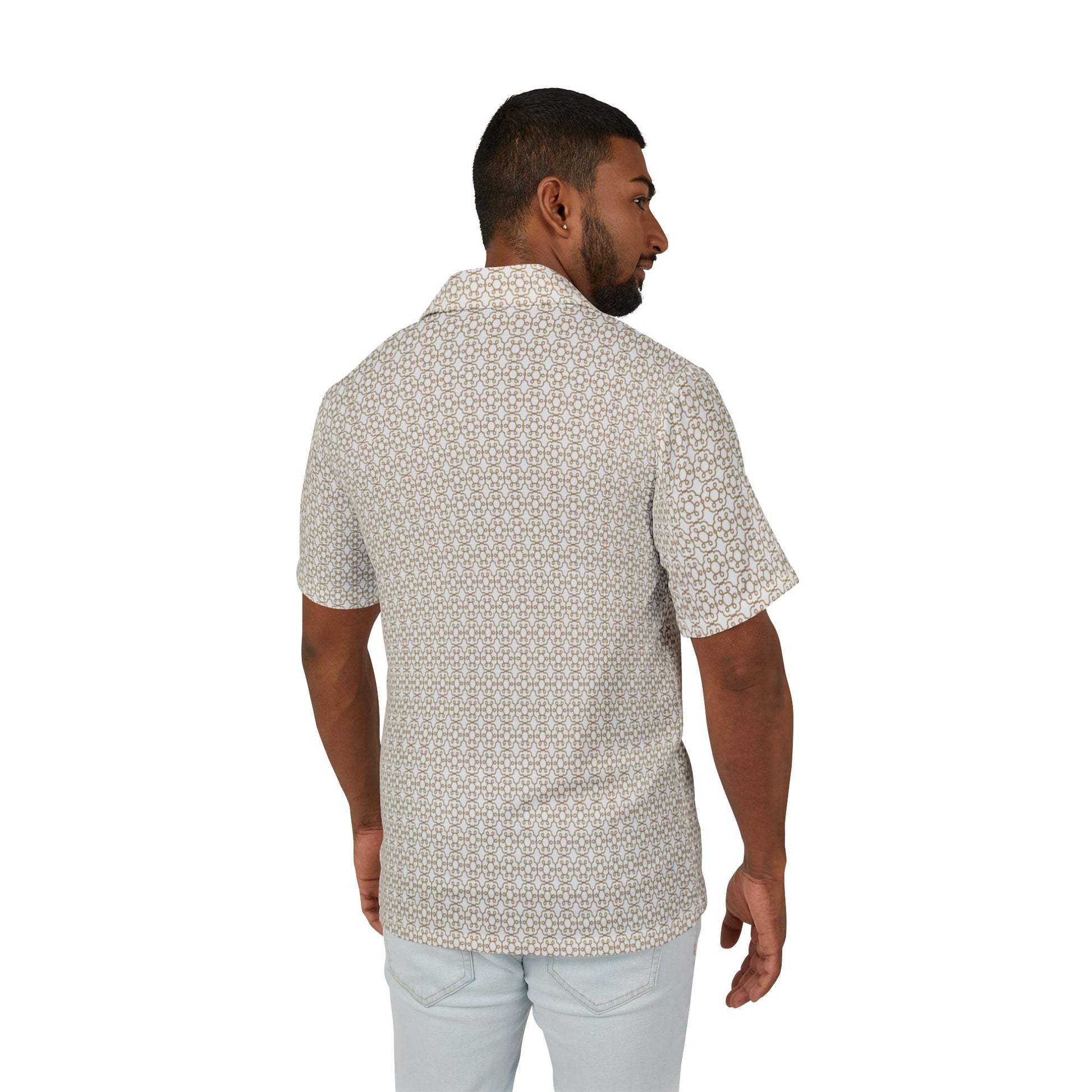 cream hawaiian camp shirt with brown geometric pattern