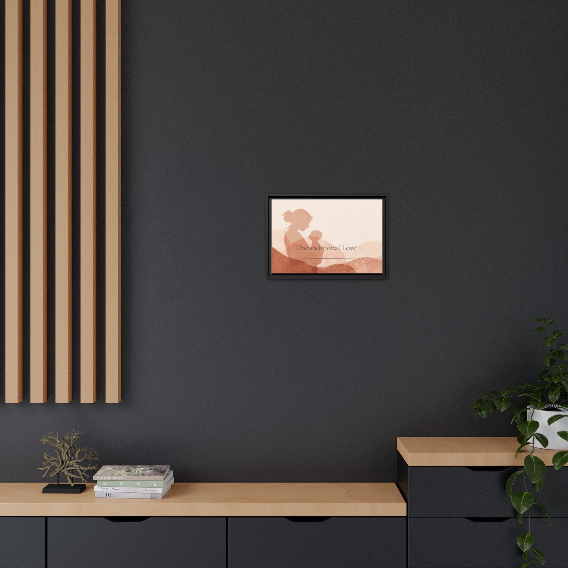 Framed artwork on a dark wall with wooden shelves and plants