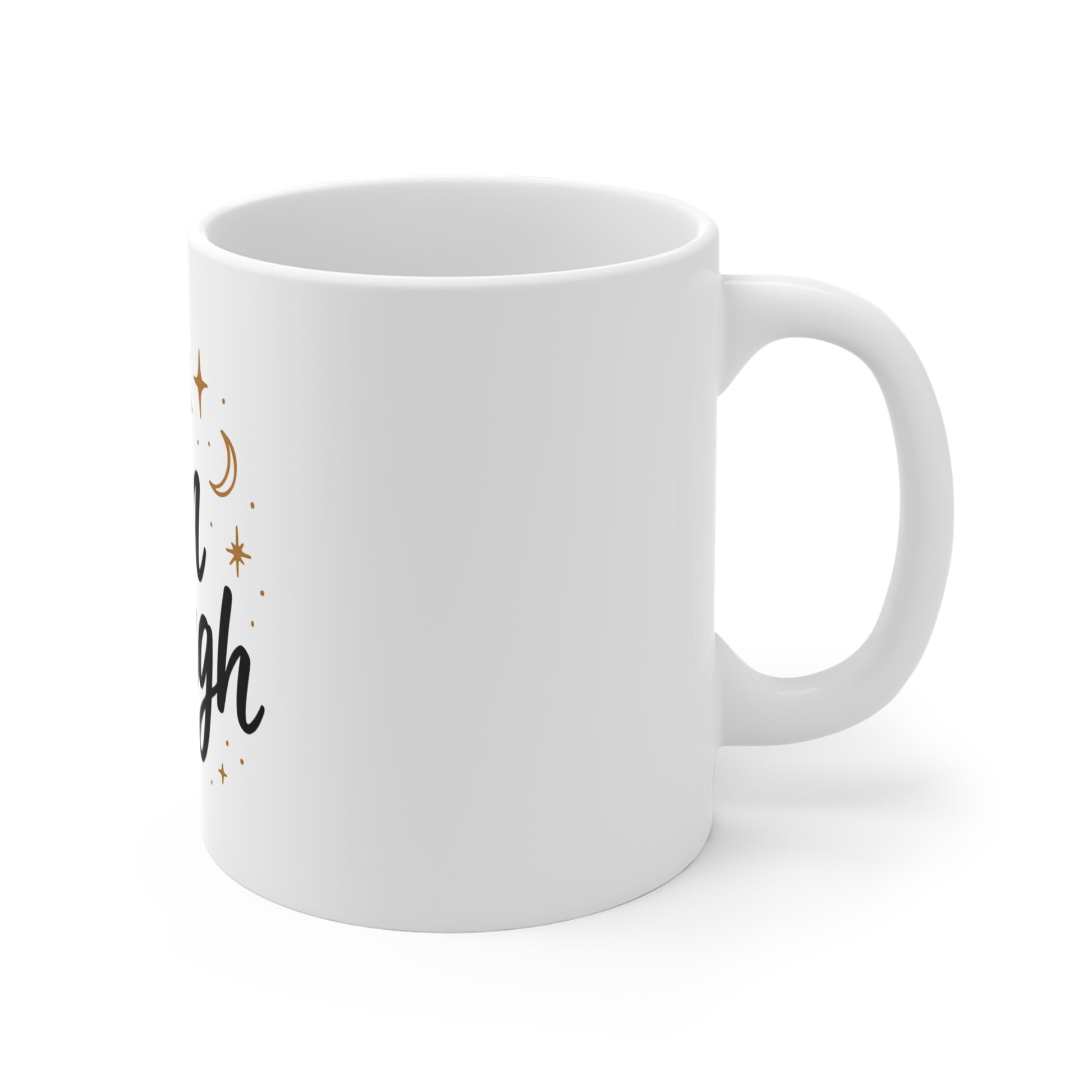 White mug with text and decorative elements on a white background