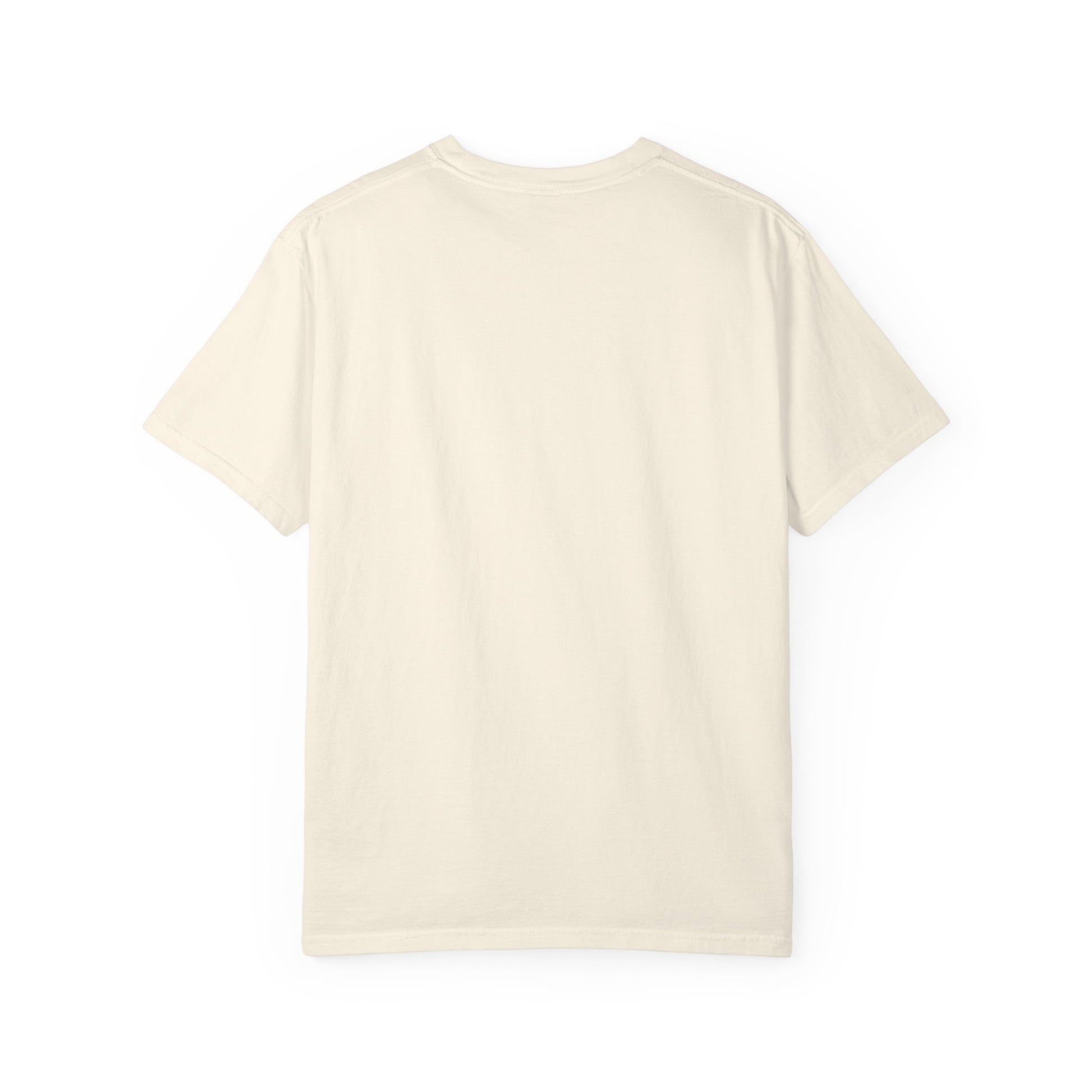 Rear view of plain back side garment-dyed t-shirt