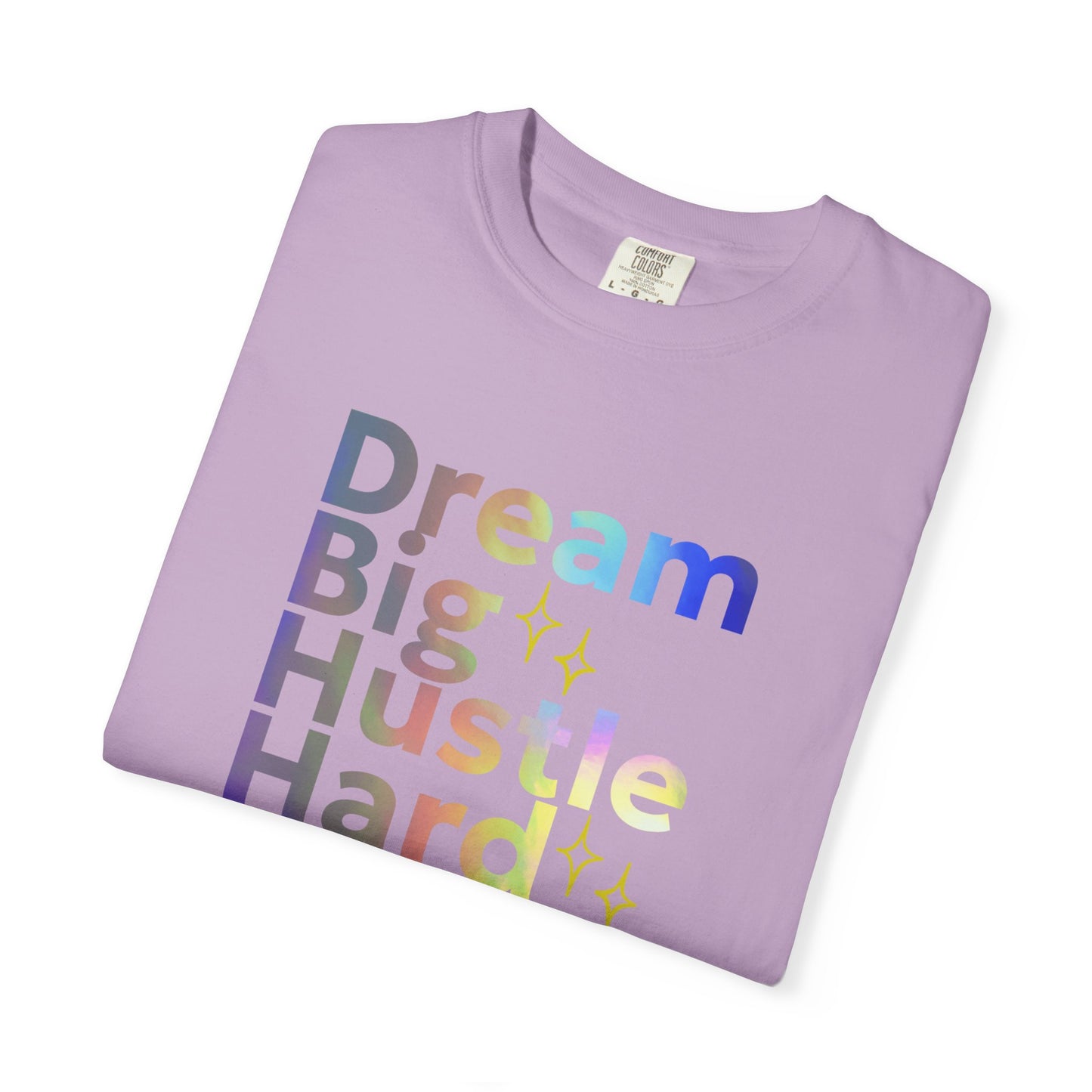 Folded purple t-shirt with colorful text on a white background