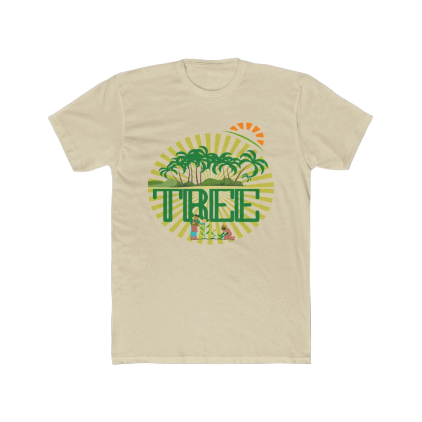 


a solid cream unisex cotton crew tee with a graphic print in the center that includes green palm trees and the word 'PINE'.