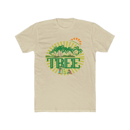 


a solid cream unisex cotton crew tee with a graphic print in the center that includes green palm trees and the word 'PINE'.