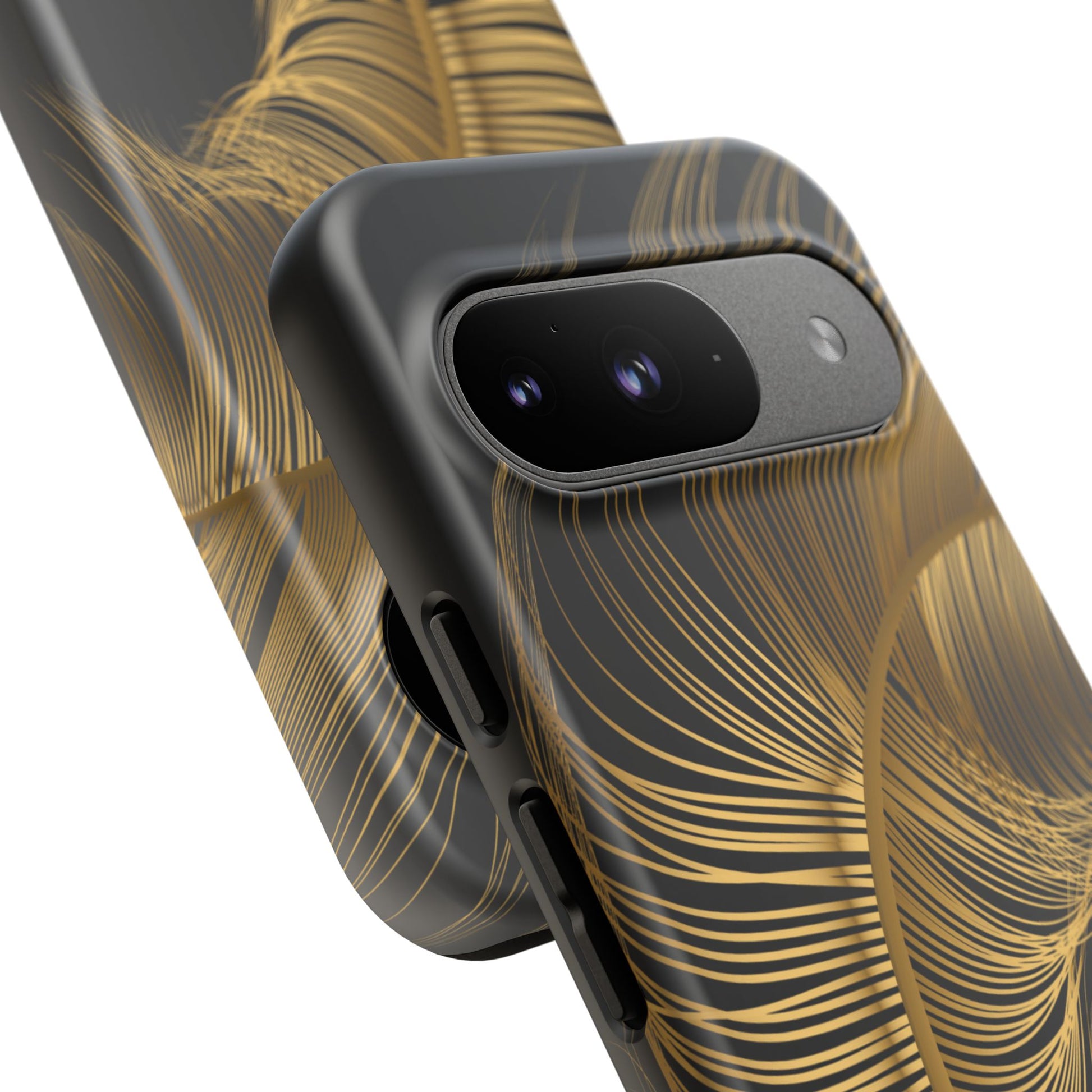 Phone case with gold feather design on black background