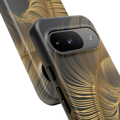 Phone case with gold feather design on black background