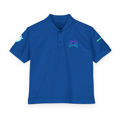 A royal blue short-sleeve polo shirt with a small neon-style graphic on the left chest depicting a game controller in pink and green. The right sleeve features a light blue graphic, and the left sleeve has a small green accent stripe.