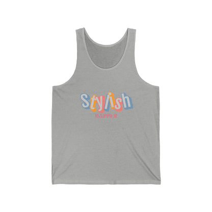 Unisex jersey tank with “Stylish Dapper” text on front