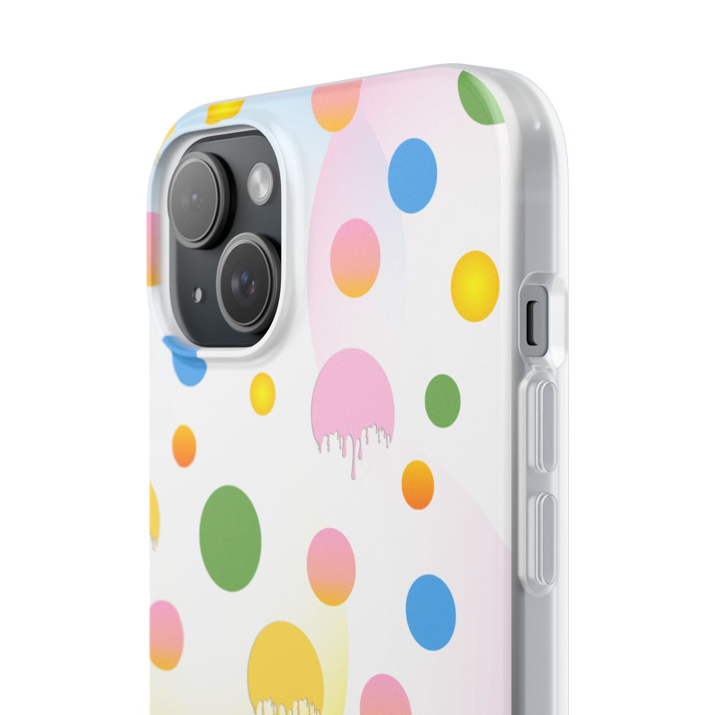 Phone case with colorful polka dot pattern on a white background