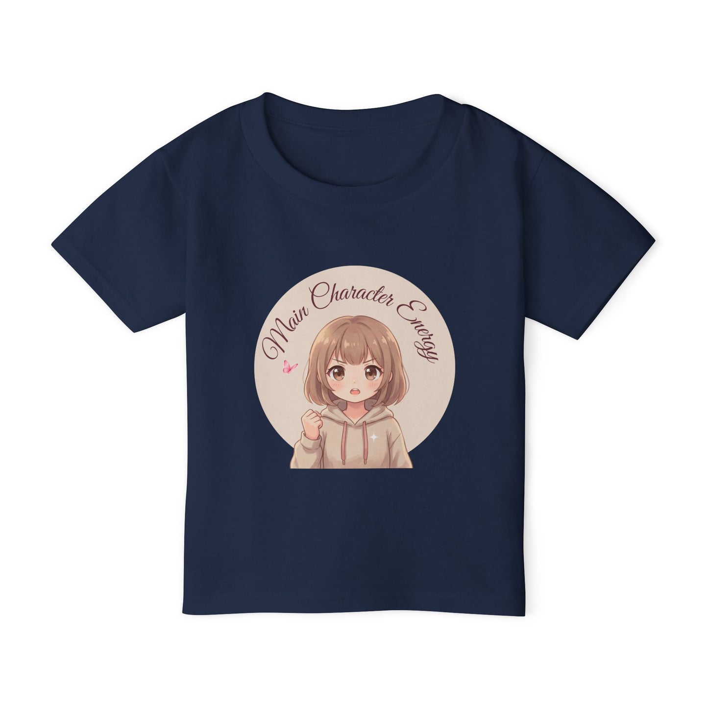 Cute anime girl graphic baby t-shirt with text Main Character Energy, front view."
