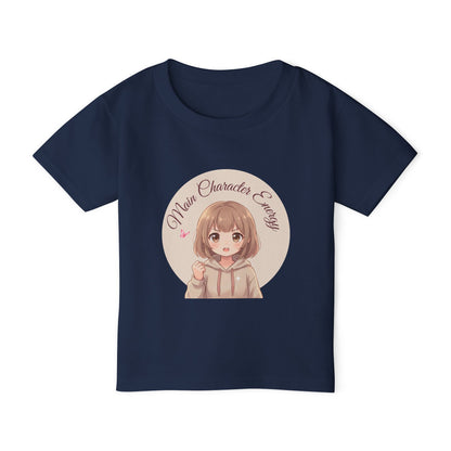 Cute anime girl graphic baby t-shirt with text Main Character Energy, front view."