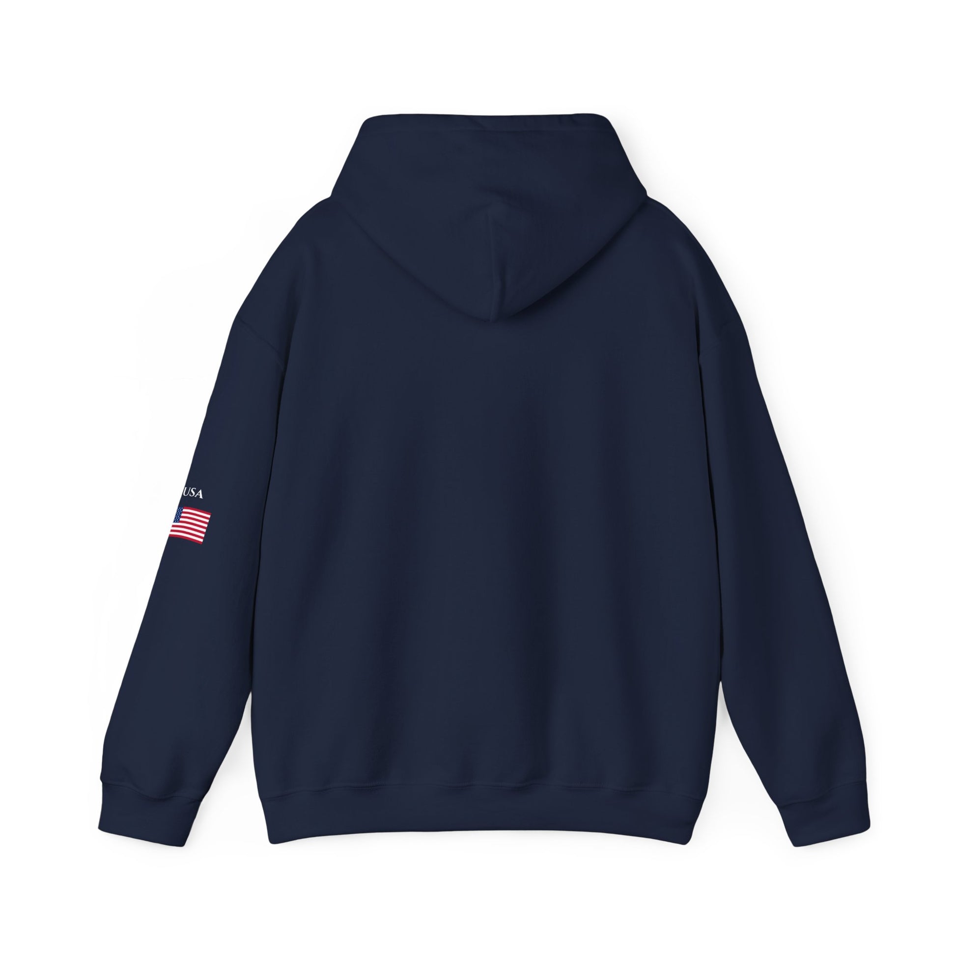 Navy blue hoodie with branding on the back against a white background