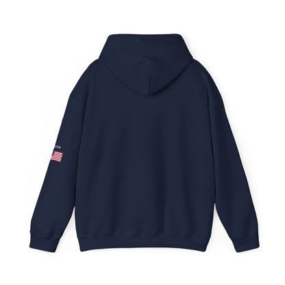 Navy blue hoodie with branding on the back against a white background