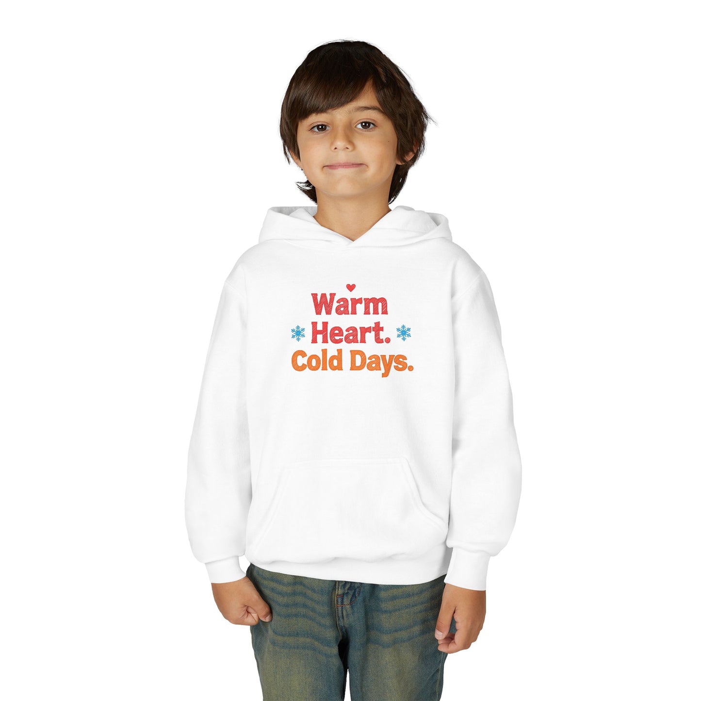 Child wearing a white hoodie with text on a white background