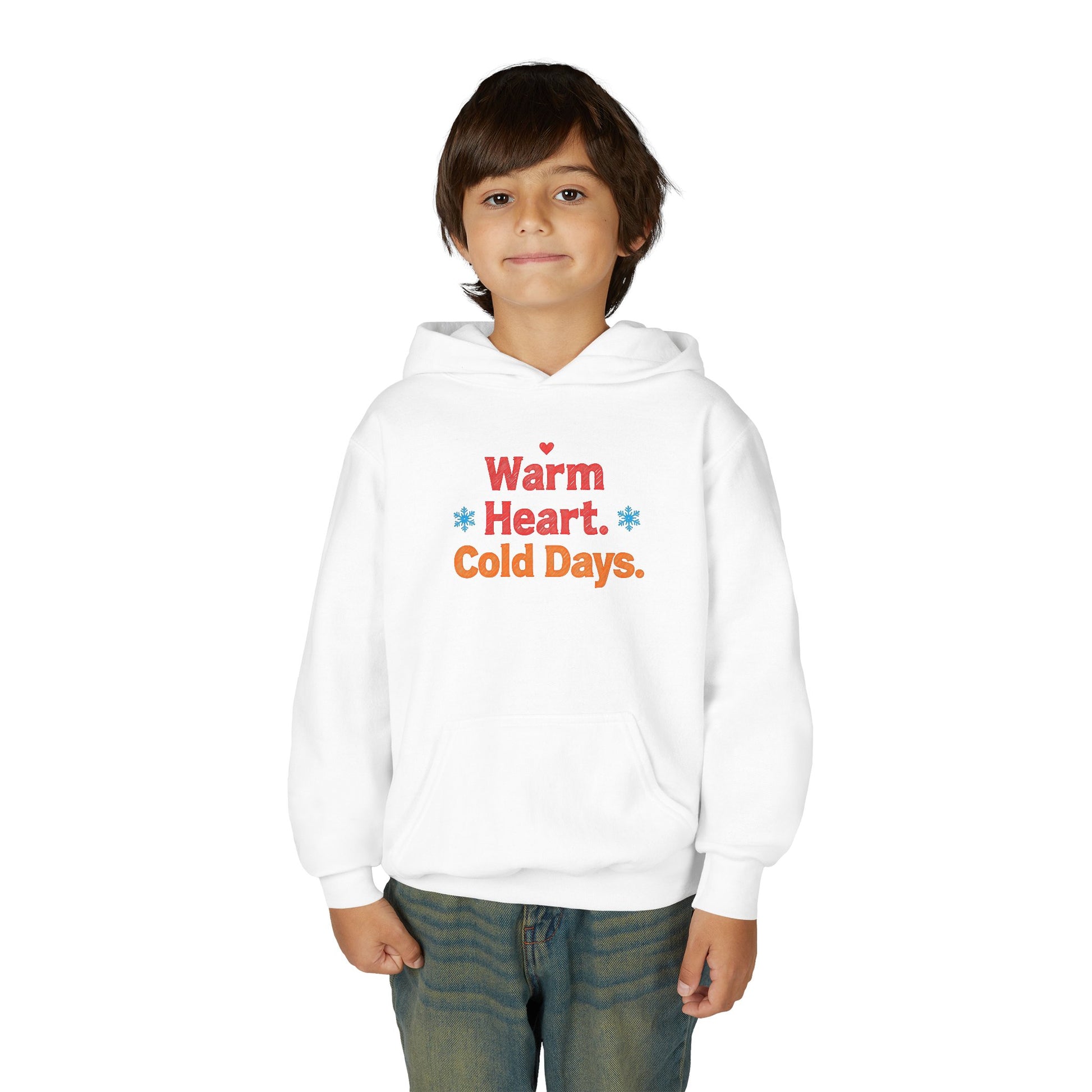 Child wearing a white hoodie with text on a white background