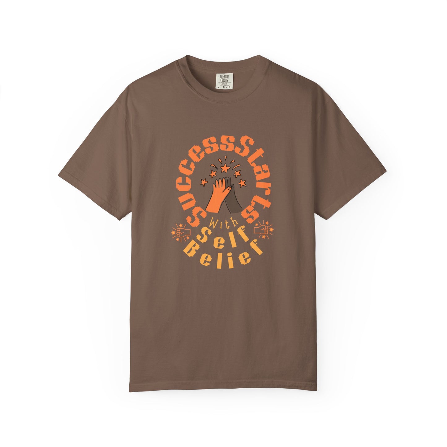 Brown t-shirt with motivational graphic and text on a white background
