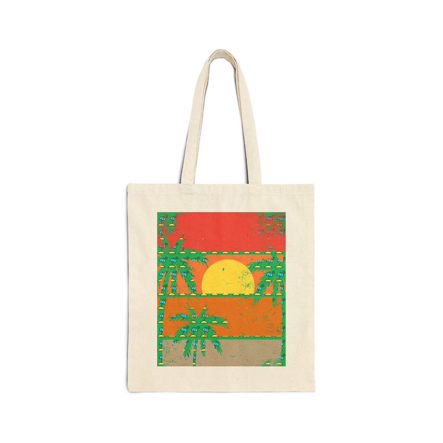 Beige tote bag with a tropical sunset design on a white background