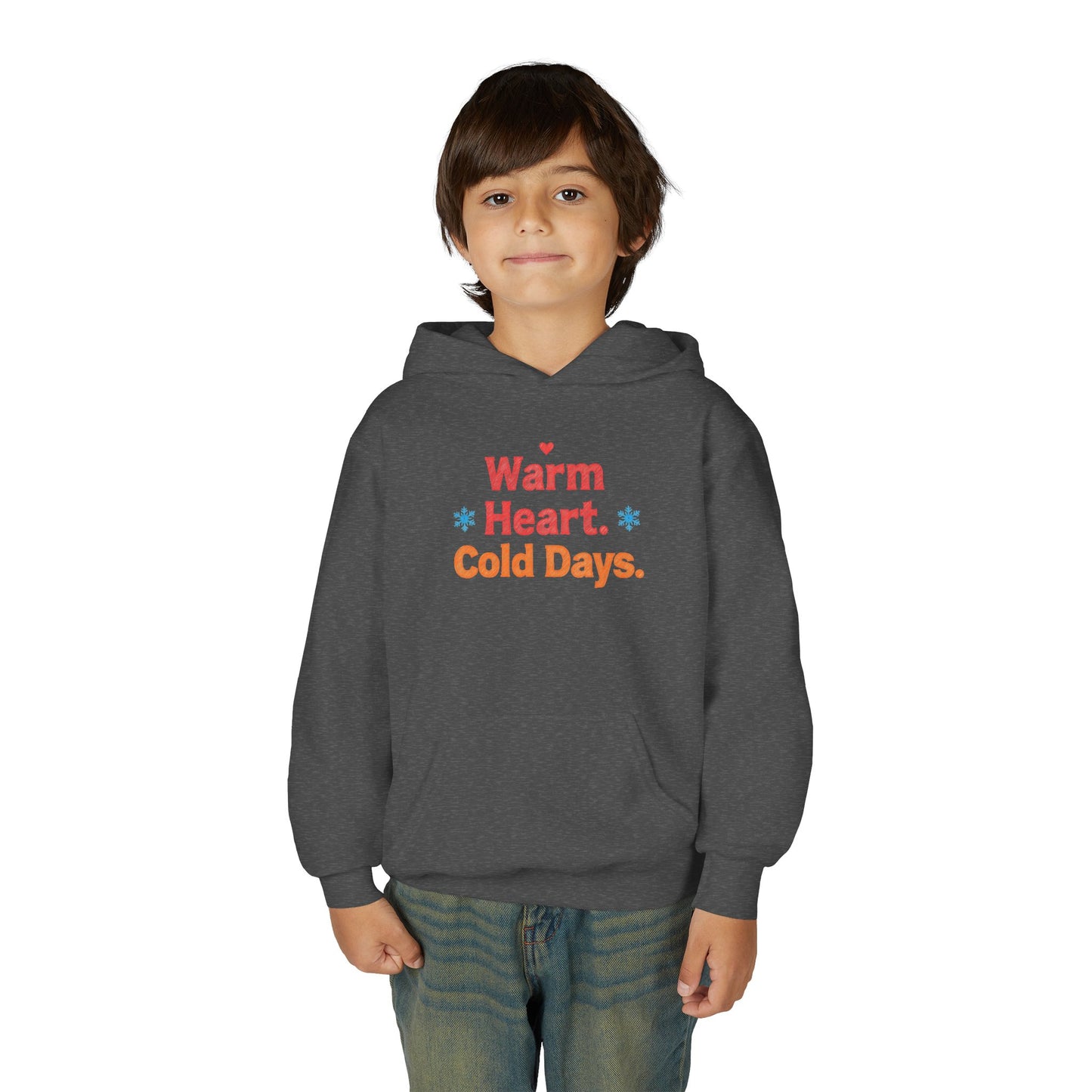 Child wearing a dark gray hoodie with 'Warm Heart. Cold Days.' text on a white background