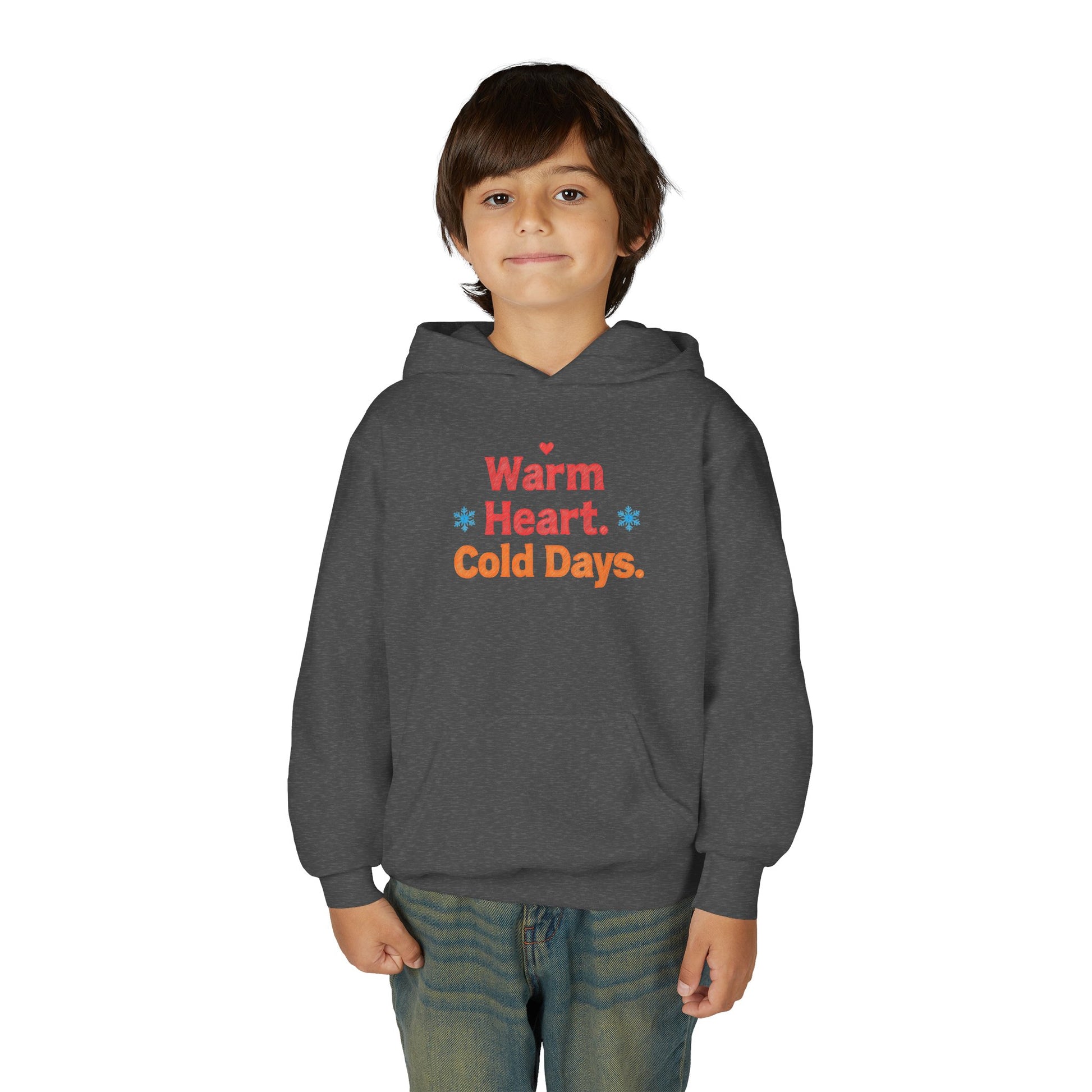 Child wearing a dark gray hoodie with 'Warm Heart. Cold Days.' text on a white background