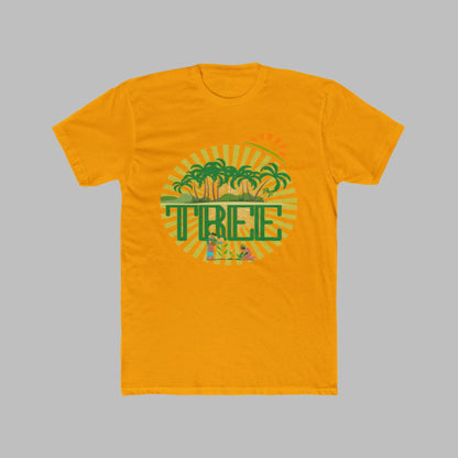 A solid gold unisex cotton crew tee with a graphic print in the center that includes green palm trees and the word 'PINE'.