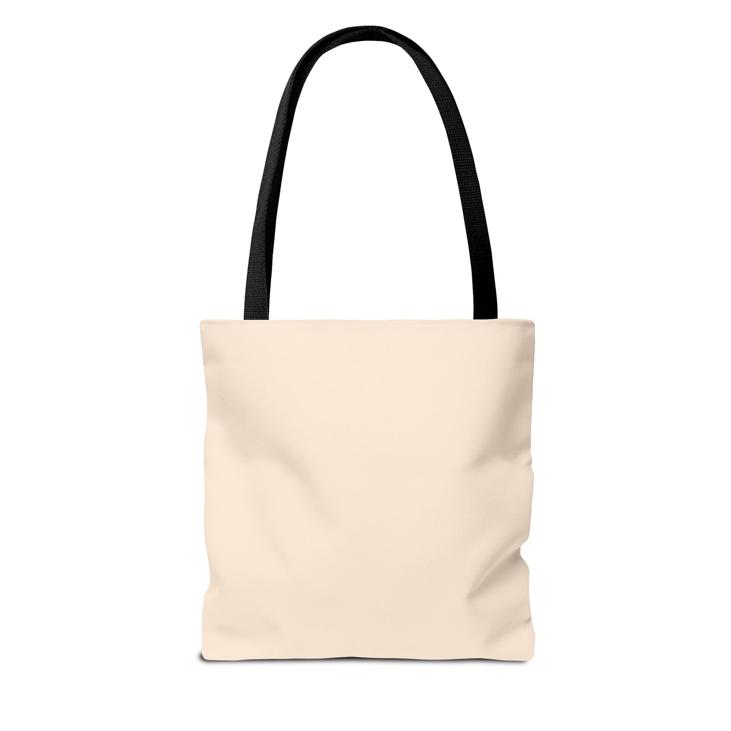 Beige tote bag with black handles on a white background