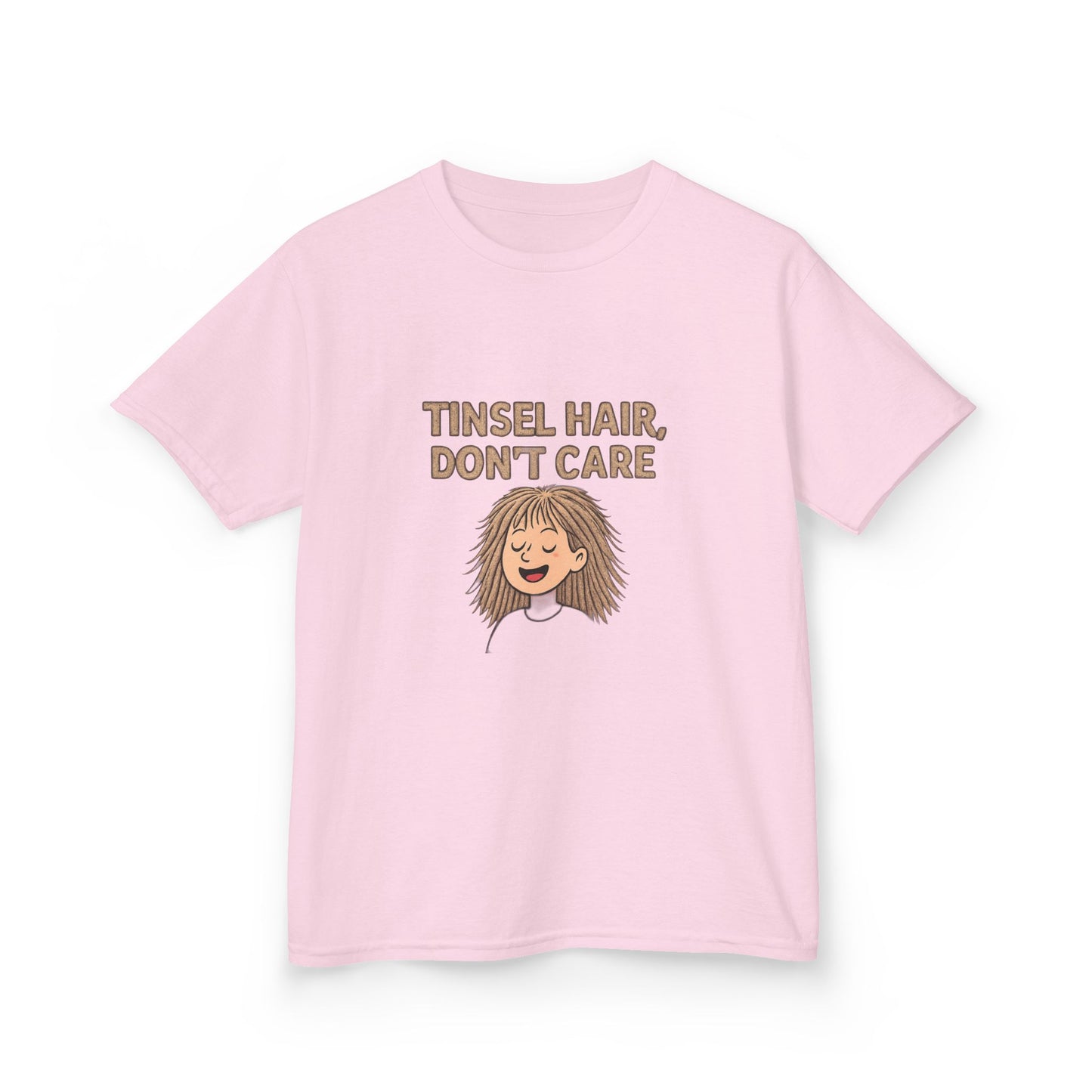Pink t-shirt with 'Tinsel Hair, Don't Care' text and cartoon character on a white background