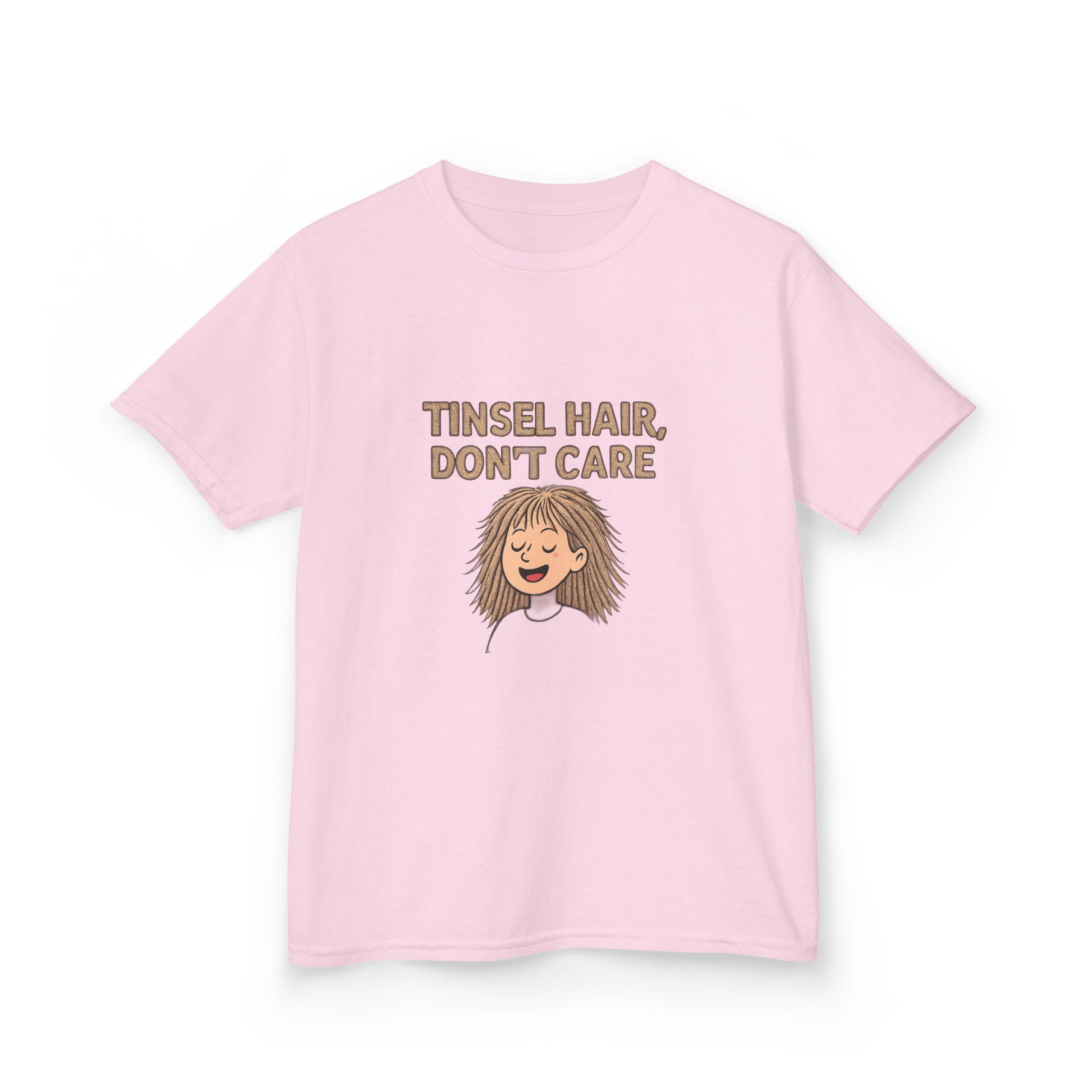 Pink t-shirt with 'Tinsel Hair, Don't Care' text and cartoon character on a white background