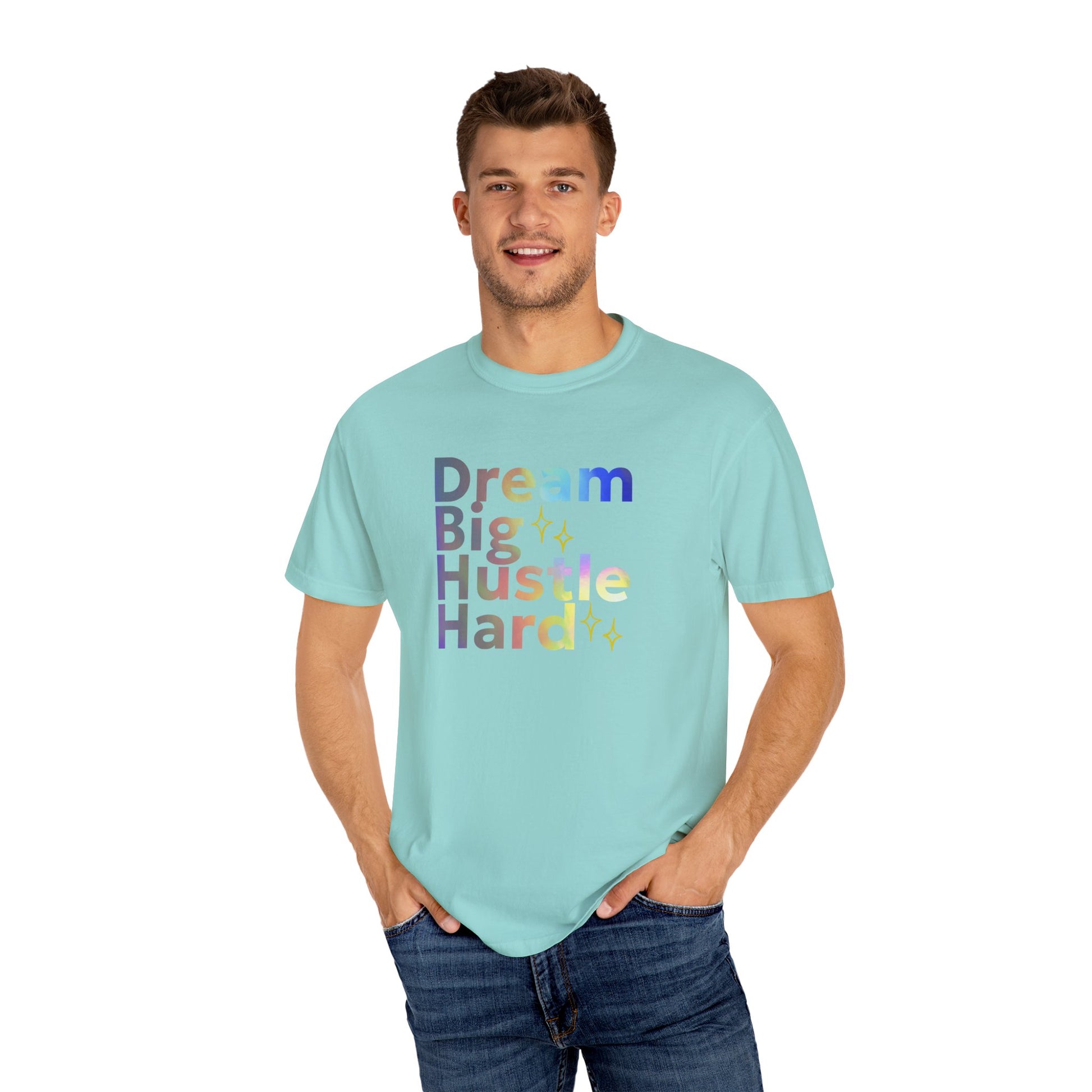 Man wearing a light chalky mint t-shirt with motivational text on a white background