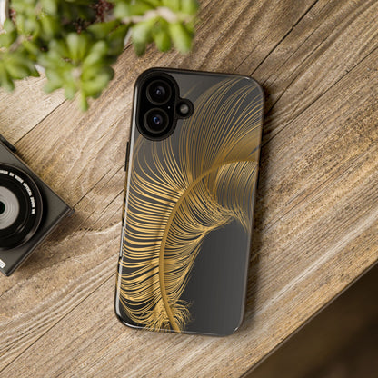 Phone case with gold feather design on black background